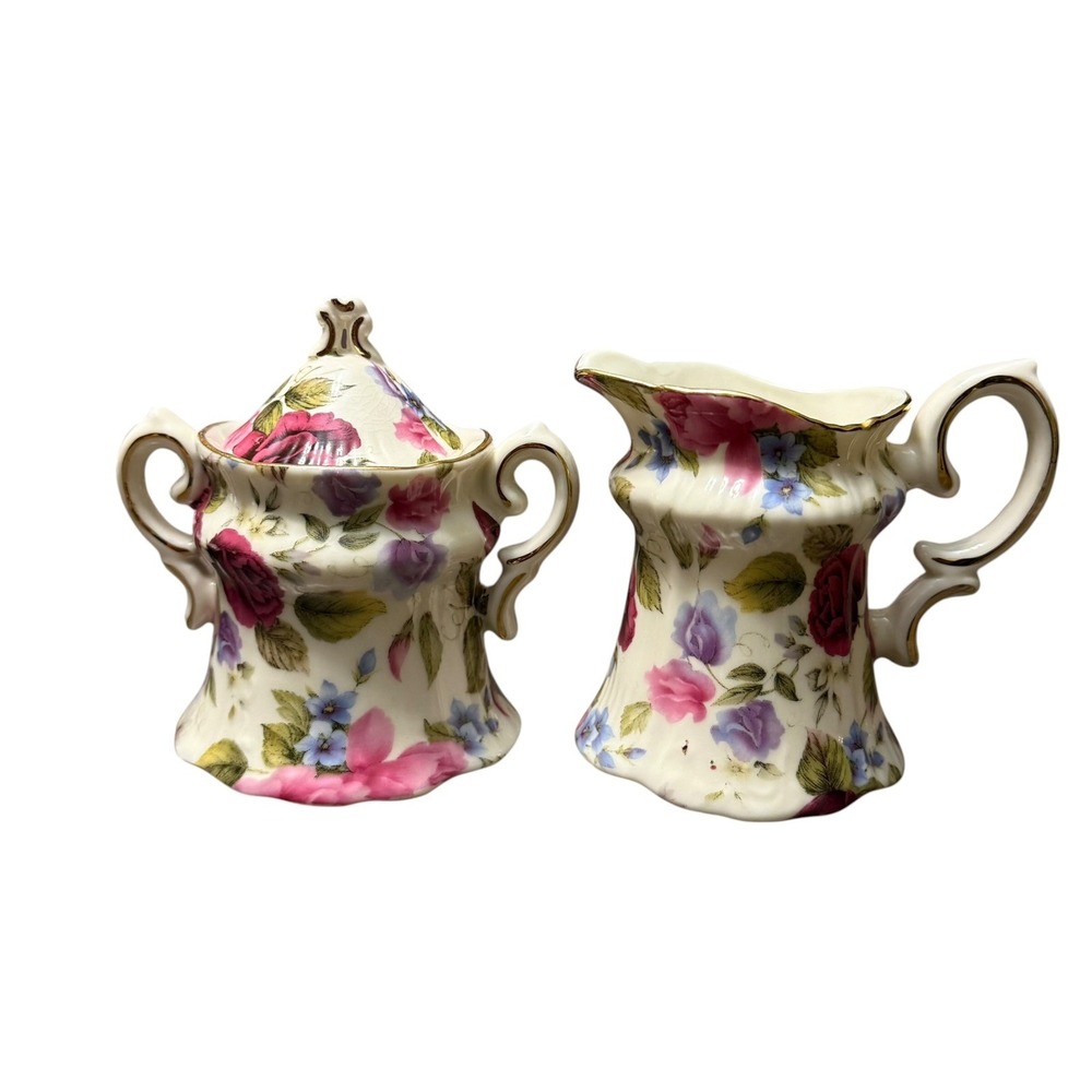 Gracie China Rose Chintz Porcelain Sugar Bowl Creamer Set Floral Gold Trim